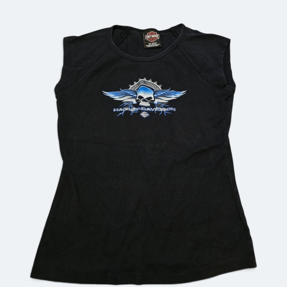Harley-Davidson Womens Size L Sleeveless Top Feel The Thunder Skull Graphic